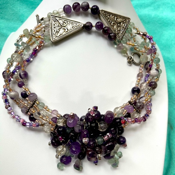 925 Sterling & Amethyst & Semi-Precious Beaded Necklace & Dangle Earrings - Picture 1 of 11